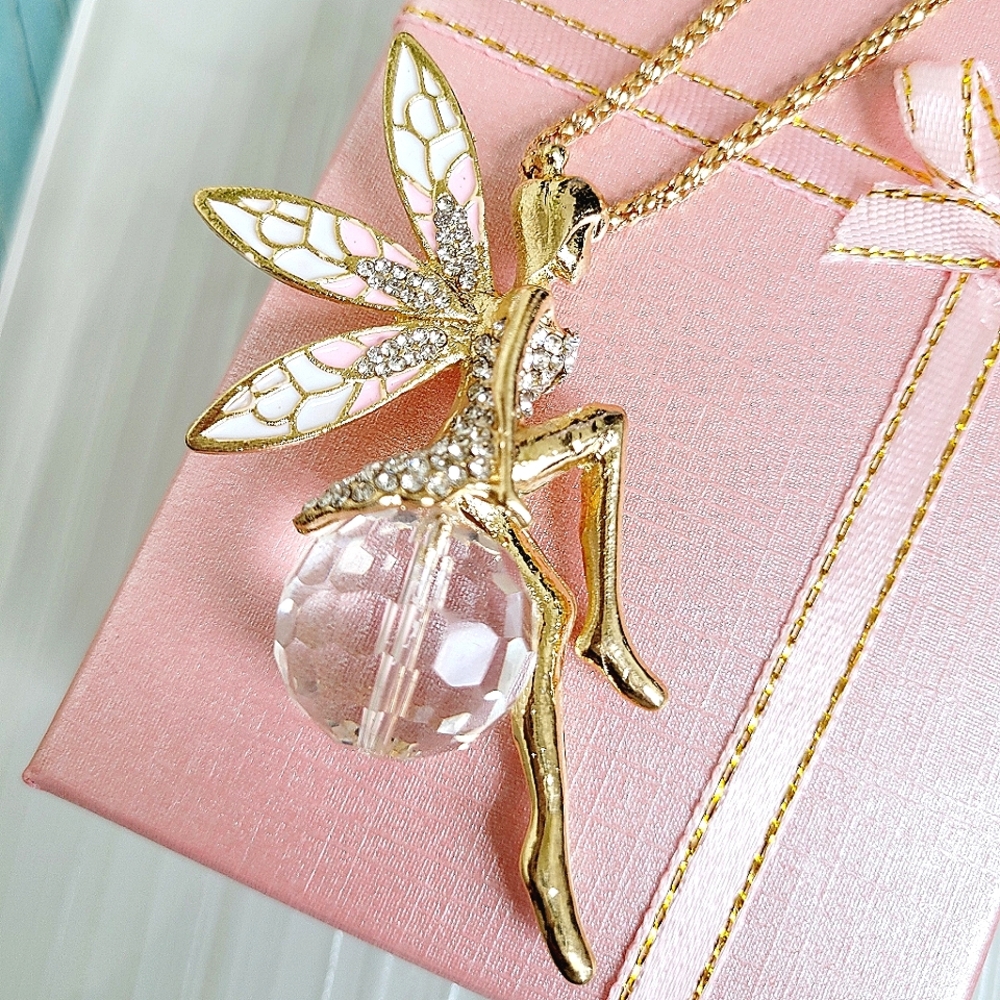 Tinkerbell Fairy on a Crystal Orb Pendant Necklace NWT
